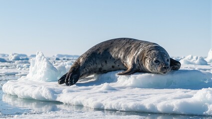 Obraz premium Majestic leopard seal on ice floe ready to dive