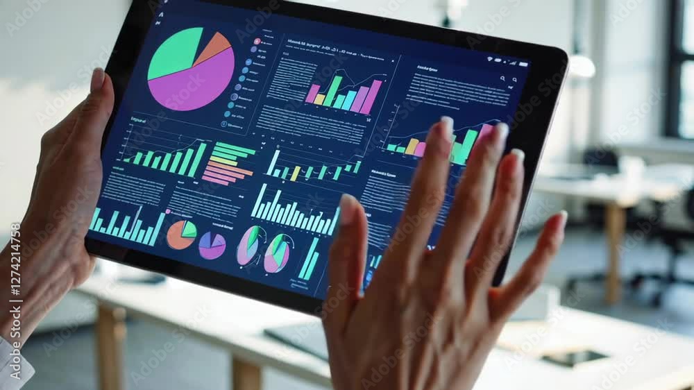 Poster businesswoman interacting with a tablet, analyzing financial charts and graphs in a modern office en