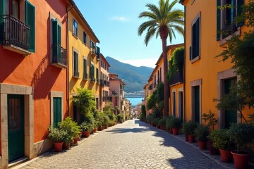 Fototapeta premium Colorful European Street with Vibrant Buildings and Lush Greenery