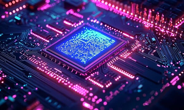 Glowing Blue and Pink Computer Processor Circuit Board