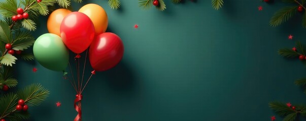 Bunch of balloons tied to a festive holly branch, decorations, holly