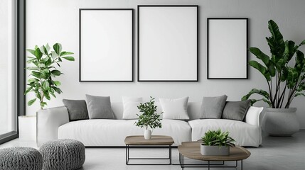 Modern Minimalist Living Room with Indoor Plants and Art