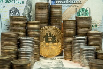 Koncepcja inwestowania, gromadzenia funduszy online bitcoin, transfer krypto waluty.