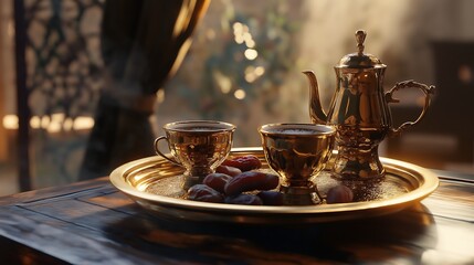 Fototapeta premium A Middle Eastern coffee ceremony with Arabic coffee and dates served on a golden tray.