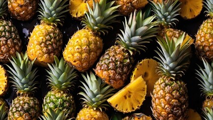 Close-up of pineapples on a wooden table