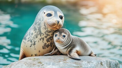 A mother seal cuddles with her pup on a rock, set against a shimmering turquoise background, showcasing their bond in a serene aquatic environment.