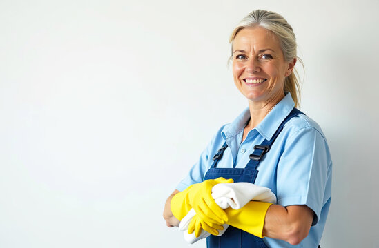 Portrait adult Caucasian Woman in blue apron and yellow rubber gloves with rag in his hand near white wall with free place for text, window cleaning service, house cleaning, maid.