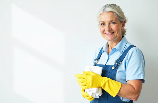 Portrait adult Caucasian Woman in blue apron and yellow rubber gloves with rag in his hand near white wall with free place for text, window cleaning service, house cleaning, maid.