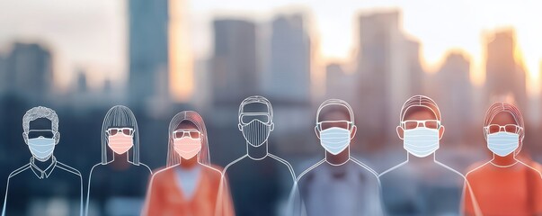 A group of masked individuals stands in front of a city skyline, highlighting health precautions in an urban environment.
