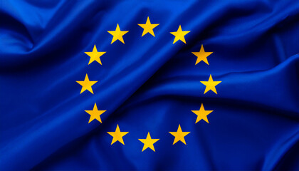 European Union EU national flag with realistic fabric texture and smooth folds waving in the wind.