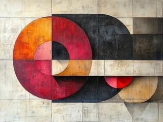 Abstract Composition in Reds, Oranges, and Blacks: Textured Circles and Rectilinear Forms in a Modernist Style.