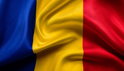 Romania national flag with realistic fabric texture and smooth folds waving in the wind.