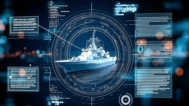 A sleek warship is rendered in a digital overlay with holographic panels. Concept of cutting-edge naval technology and strategic innovation.