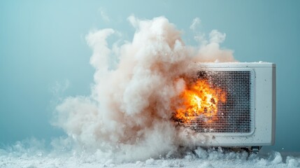 An air conditioning unit erupting in an explosion of smoke and fire, creating a dramatic visual effect that reflects potential hazards in everyday appliances.