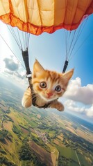 Cute fluffy kitten with a smile on his face, flying in the sky on a parachute. Children's funny 3D illustration.