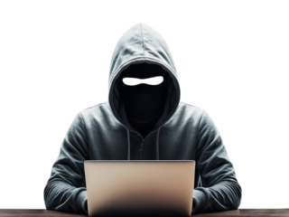 Hacker in hoodie and  mask that hides his face works at laptop, Computer hacker stealing data from a laptop concept for network security, Cybercrime, hacking and technology crime transparent backgroun