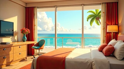 Obraz premium The interior of the hotel room with a view of the ocean for a beach holiday and travel.