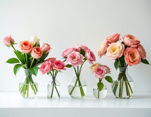 Fototapeta premium Pink and Peach Roses in Glass Vases - Elegant Floral Arrangement