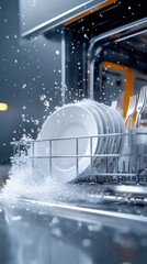 Water Splashing from Dishwasher with Clean Plates and Cutlery