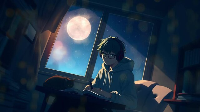 An anime boy wearing headphones studying at night under the moonlight, with a cozy desk lamp. Seamless looping time lapse animation video background.  

