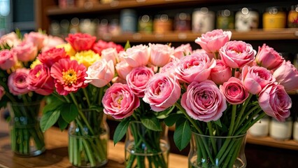 Colorful bouquets of roses in a flower shop - fresh cut flowers in a warehouse and racks for sale, delivery for the holiday. Spring, March 8, women's Day, birthday. 
