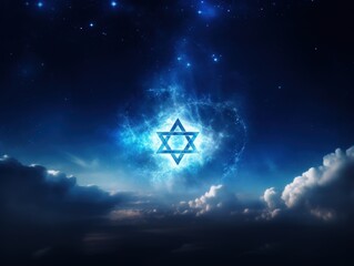 Star of David shining at night on cloudy background for religious concept of Judaism