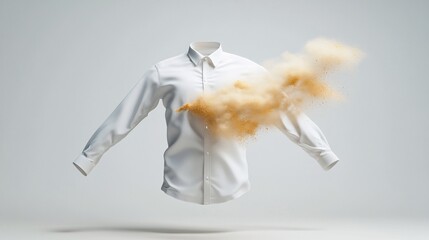 White Shirt with Sand Explosion Effect on a Minimalist Background