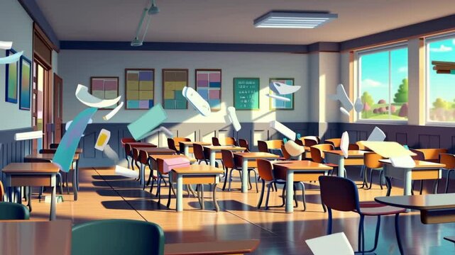 Empty classroom. Back to School Cartoon or Japanese anime. seamless looping virtual video animation background