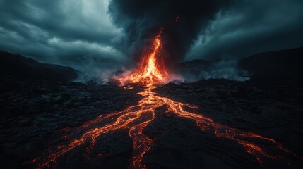 A stunning depiction of a lava flow from a volcanic eruption, beautifully contrasting against a moody, cloud-covered sky, illustrating nature's glorious and fierce phenomena.