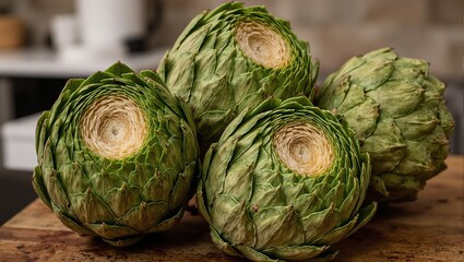 Obraz premium Fresh artichokes with green spiky leaves on rustic counter