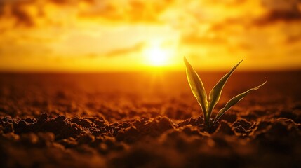A vibrant green sprout emerges from rich soil under a glorious sunset. The warm golden light bathes the landscape, symbolizing growth, hope, and the beauty of nature.