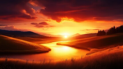 A breathtaking sunset illuminates the landscape with vibrant hues of orange and purple