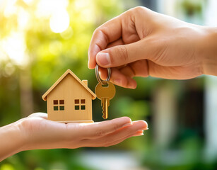 A symbolic image of one hand handing over the keys to a house to the other holding a wooden model of the house. Symbolizes real estate transactions, new homes, and real estate investments
