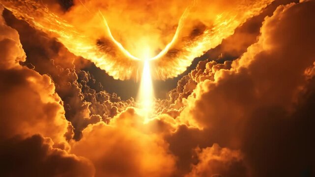 Majestic golden wings emerge from fiery clouds at sunset, creating a heavenly atmosphere