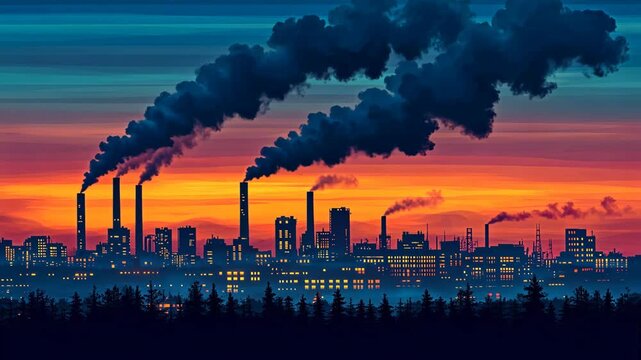 Urban skyline at sunset with smoke stacks releasing pollution into the atmosphere over a forested area - Powered by Adobe