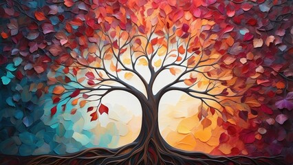 a tree with colorful leaves on a white background with the words