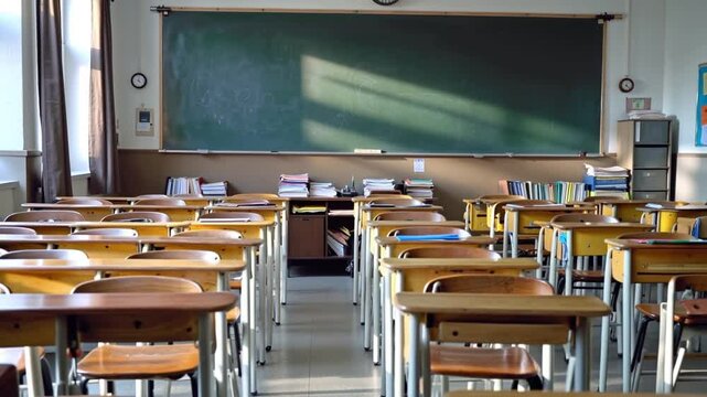 Empty classroom. Back to School Cartoon or Japanese anime. seamless looping virtual video animation background