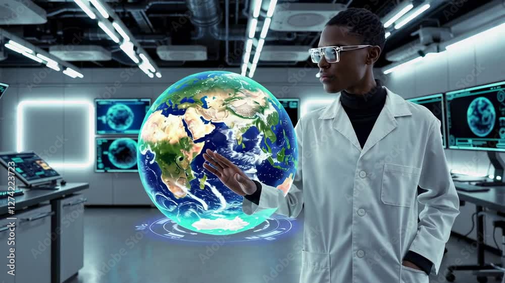Aufkleber Futuristic laboratory setting features a scientist interacting with a holographic projection of earth, rotating and manipulating the globe with hand gestures in a slow motion sequence