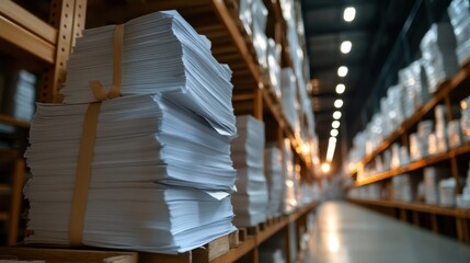 An organized view of neatly stacked paper piles in a warehouse, showcasing diligence and the essence of productivity in an industrial environment.
