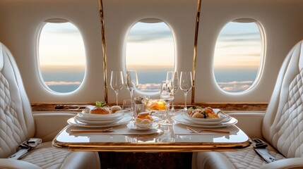An opulent dining setup featuring gourmet meals sets the tone for an extravagant experience aboard a private jet, highlighting luxury travel at its finest.