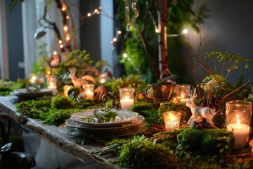 Obraz premium Gathering around a beautifully decorated dinner table with candles, flowers, and natural elements in a lush, whimsical setting