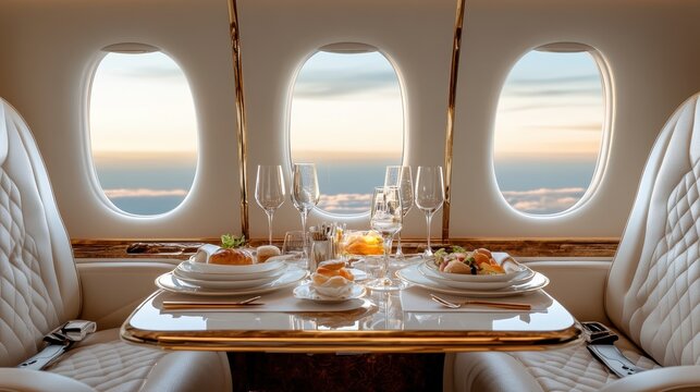 An opulent dining setup featuring gourmet meals sets the tone for an extravagant experience aboard a private jet, highlighting luxury travel at its finest. - Powered by Adobe