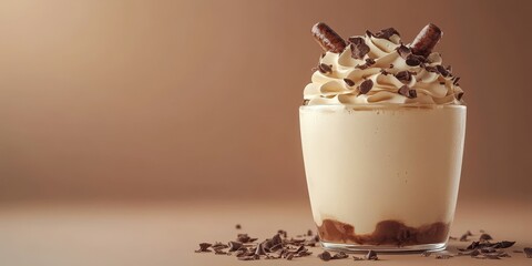 Creamy dessert topped with chocolate curls and biscuit sticks in an inviting setting