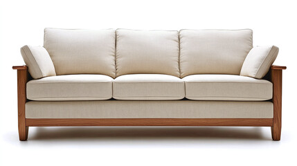 Fototapeta premium Modern beige fabric sofa with wooden frame, isolated on white background, stylish and comfortable three-seater couch for living room or home decor.