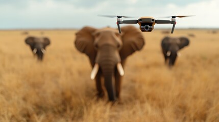 A drone hovers in the foreground while majestic elephants roam in the distance, showcasing wildlife beauty and modern technology coexisting in harmony.