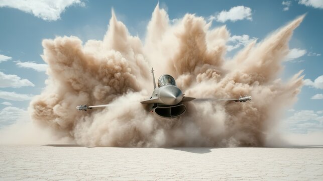 A fighter jet launches dramatically, generating a massive cloud of dust, showcasing the power and speed of military aviation in an arid landscape.