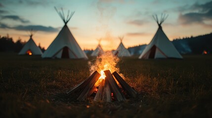 A beautiful campfire set against a backdrop of traditional tipis during a serene sunset, evoking feelings of warmth, community, and adventure in nature.