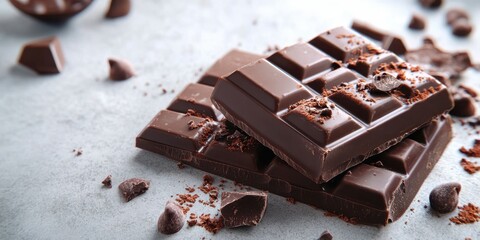 Delicious dark chocolate bars stacked with cocoa crumbs on a textured surface in a warm kitchen setting
