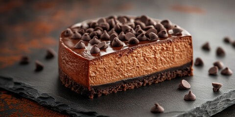 Delicious chocolate mousse cake on a slate plate with chocolate chips in a cozy setting