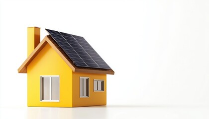 a vibrant yellow house with a brown roof and high-efficiency solar panels, warm and sustainable energy theme, photorealistic rendering, isolated on white background